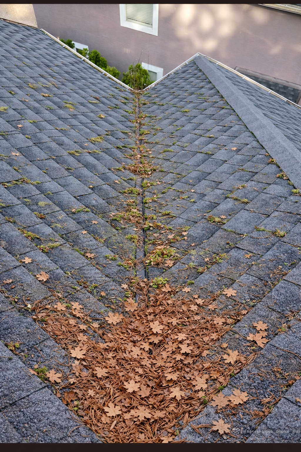 Mossy roof valley before cleaning