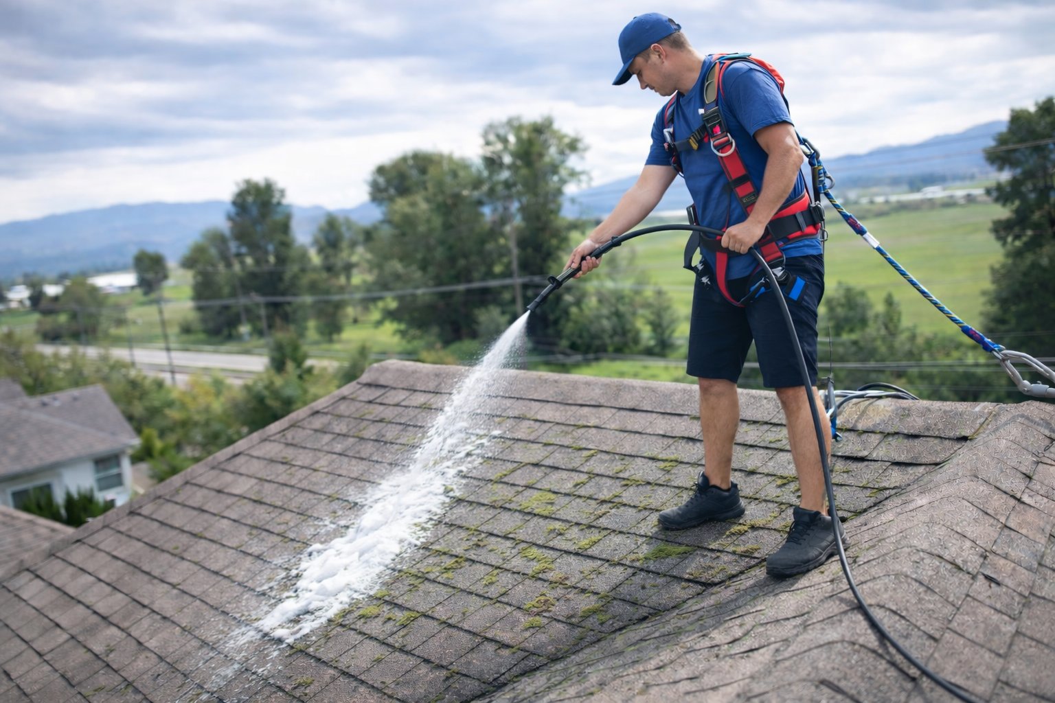 Roof soft wash worker with harness