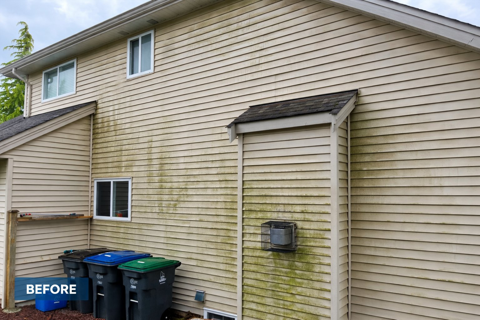 Green algae siding before soft wash